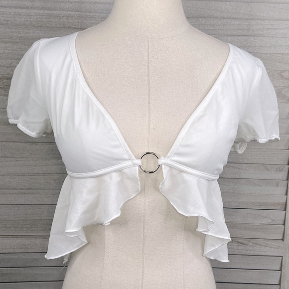 TIGER MIST Sheer White Crop Top Flutter Hem & Ring Front-Small - Picture 1 of 2